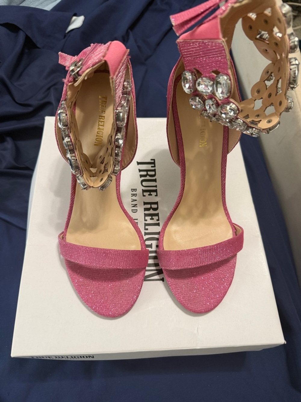 True Religion Pink Crystal Embellished Ankle-Strap Heels